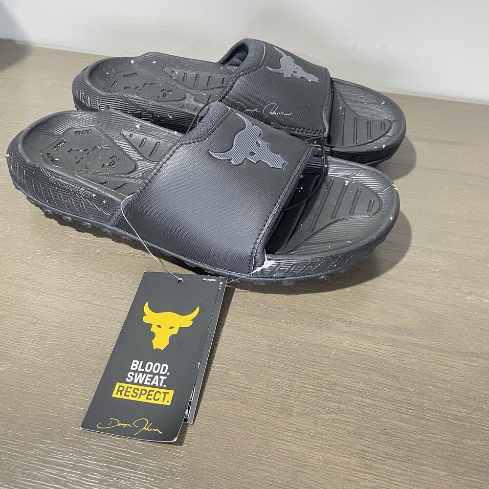 Under Armour Mens Size 7 Slides NEW Project Rock 3 Black Womens 8.5 UA